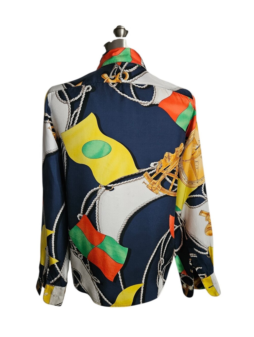 LAUREN RALPH LAUREN Nautical Coastal Print Navy Silk Button-Down Shirt | SZ 2P - Picture 3 of 10